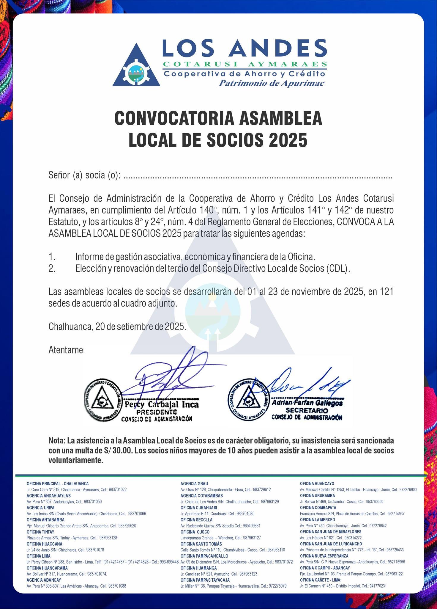 CONVOCATORIA PARA LA ASAMBLEA LOCAL DE SOCIOS 2025