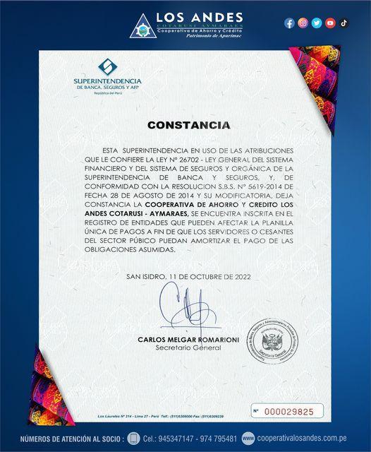 COOPAC LOS ANDES, AUTORIZADOS PARA REALIZAR DESCUENTOS POR PLANILLA