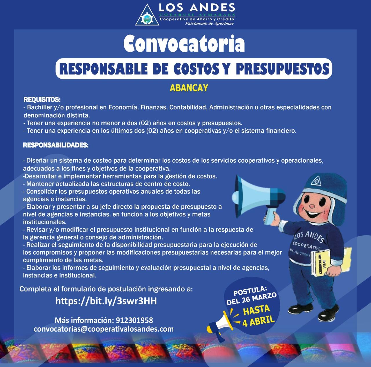 Convocatoria Responsable de Costos y Presupuesto