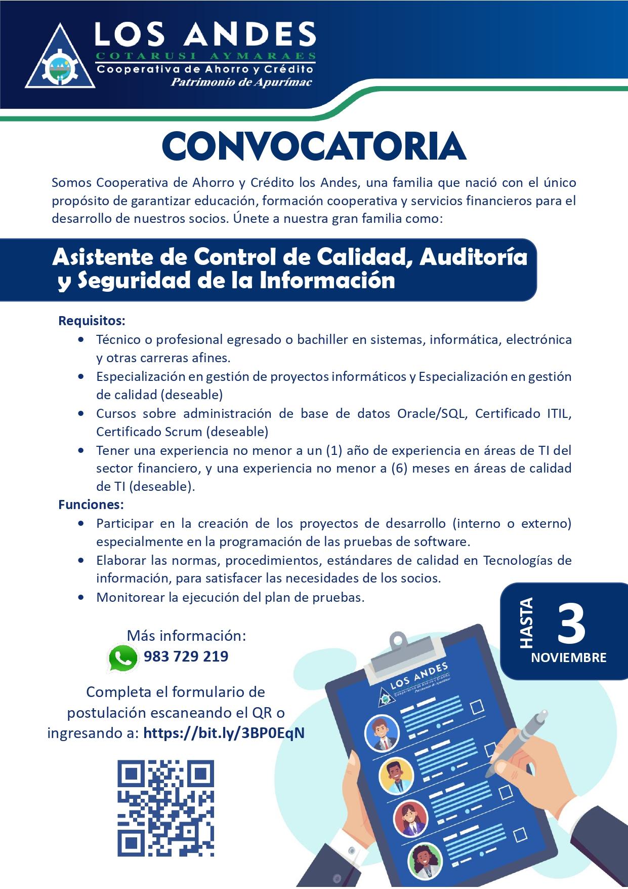 PERFIL ASISTENTE DE CONTROL DE CALIDAD, SEGURIDAD DE LA INFORMACION
