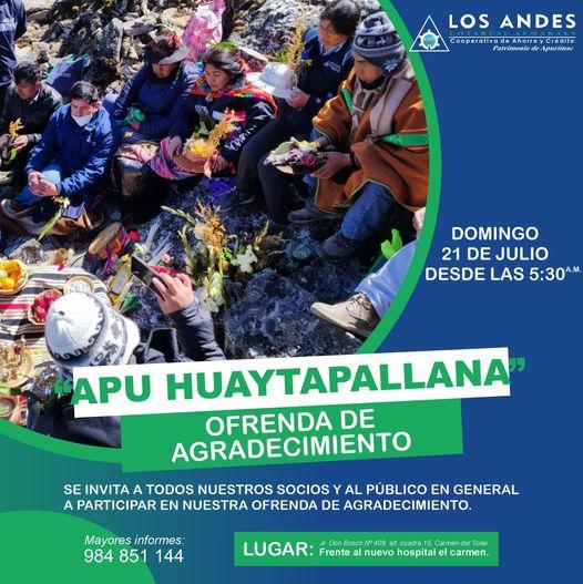 Invitamos a todos nuestros socios a un evento muy especial: una ofrenda de agradecimiento a nuestro Apu Huaytapallana, un lugar de belleza natural y riqueza cultural.